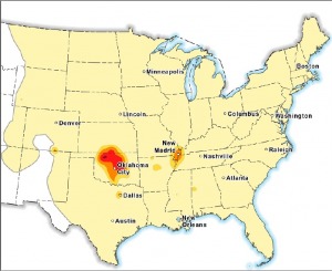 Photo caption: Map showing chance of damage from an earthquake in the Central and Eastern U.S. during 2016. Percent chances are represented as follows: pale yellow, less than 1%; dark yellow, 1% to 2%; orange, 2% to 5%; red, 5% to 10%; dark red, 10% to 12%.